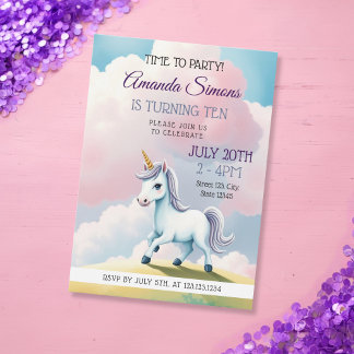 Convite Soft Sky Unicorn Whimsical Girl 10th Birthday