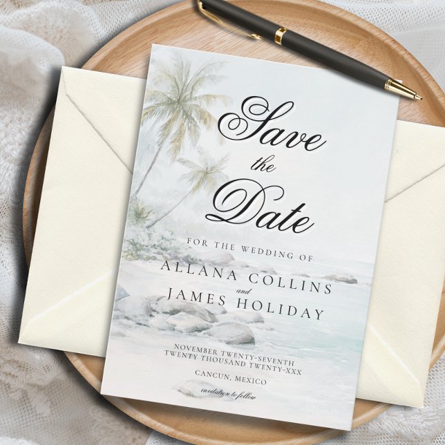Convite Soft Tropical Palm Watercolor Beach Save the Date (Criador carregado)