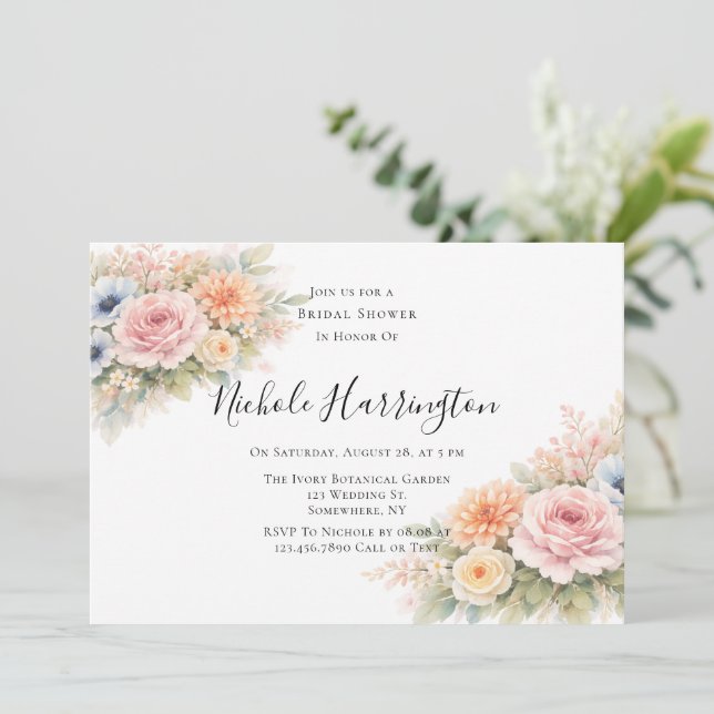 Convite Soft Watercolor Floral Bridal Shower (Em pé/Frente)