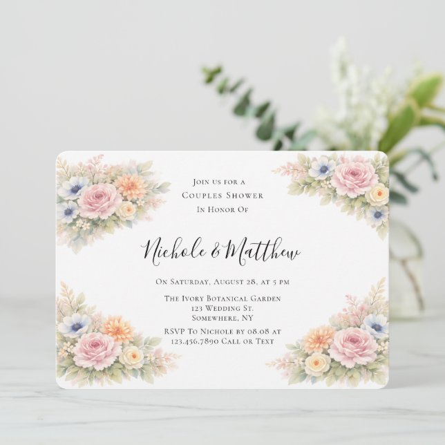 Convite Soft Watercolor Floral Couples Shower (Em pé/Frente)