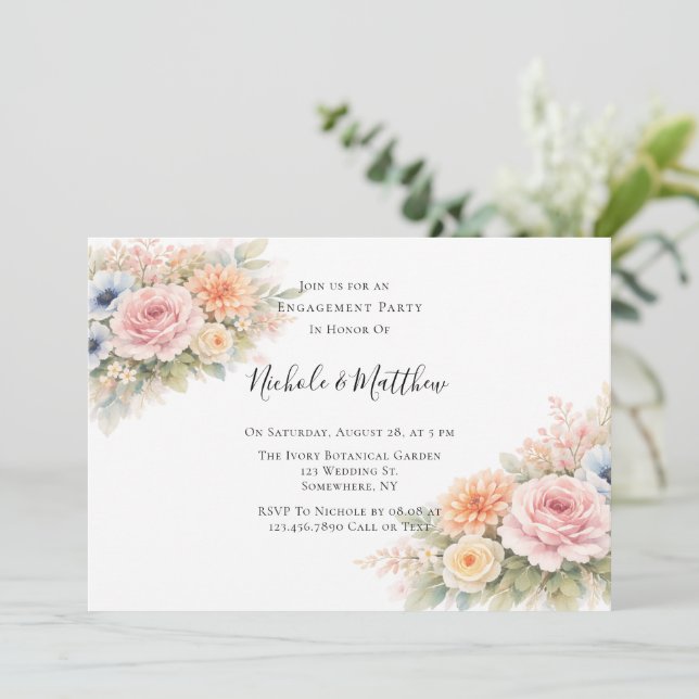 Convite Soft Watercolor Floral Engagement Party (Em pé/Frente)