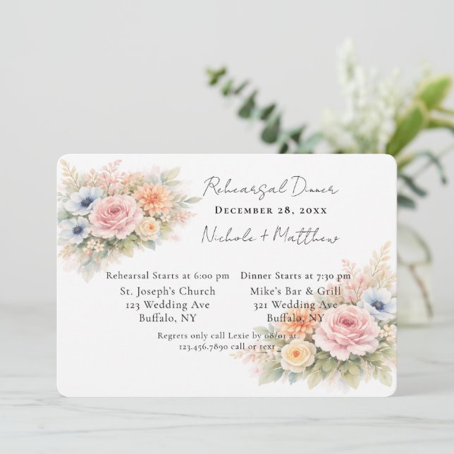 Convite Soft Watercolor Floral Rehearsal Dinner (Em pé/Frente)