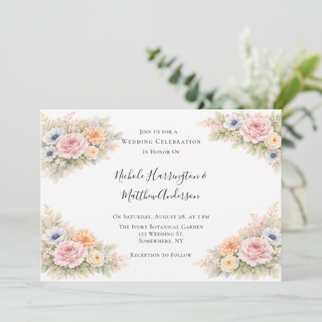 Convite Soft Watercolor Floral Wedding Celebration (Em pé/Frente)