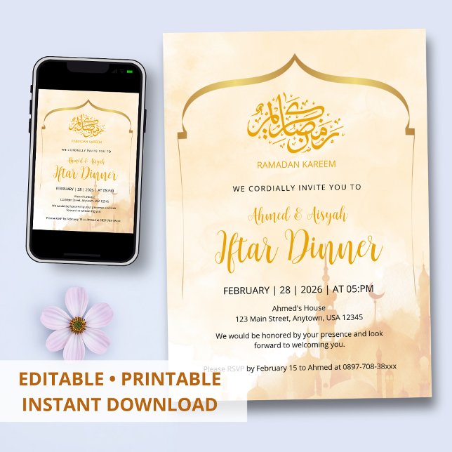 Convite Soft Watercolor Gold Arch Islamic Iftar Invitation (Criador carregado)