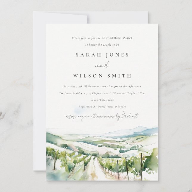 Convite Soft Watercolor Vineyard Landscape Engagement (Frente)