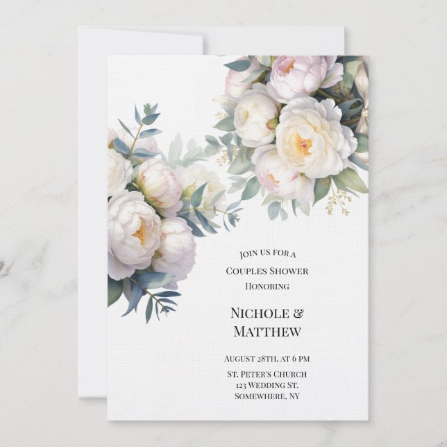 Convite Soft White Peony with Eucalyptus Couples Shower (Frente)