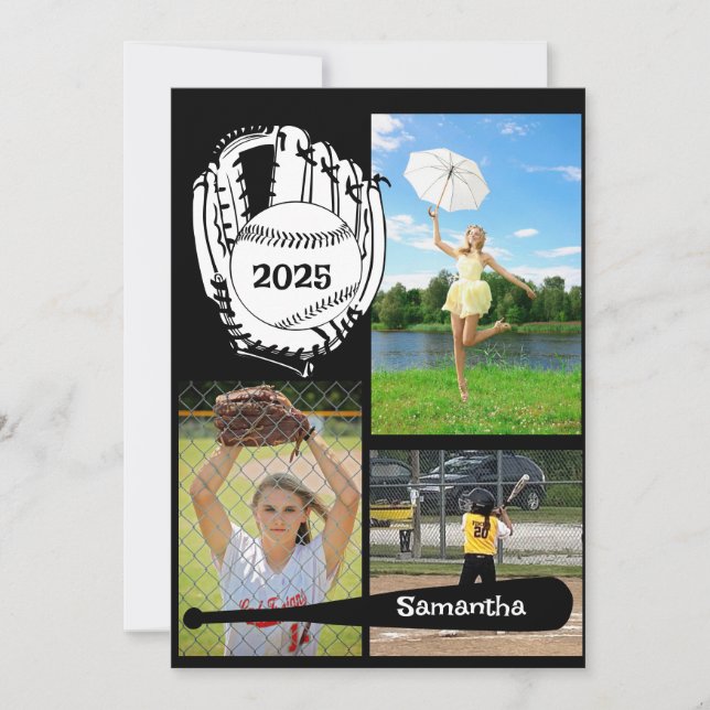 Convite Softball/ Baseball 3 Graduação de Foto em Preto (Frente)