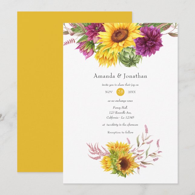 Convite Sol Boêmio e Casamento Floral de Ameixa Borgonha (Frente/Verso)