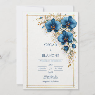 Convite Sol Celestial e Folhagem Azul-Marinho Casamento