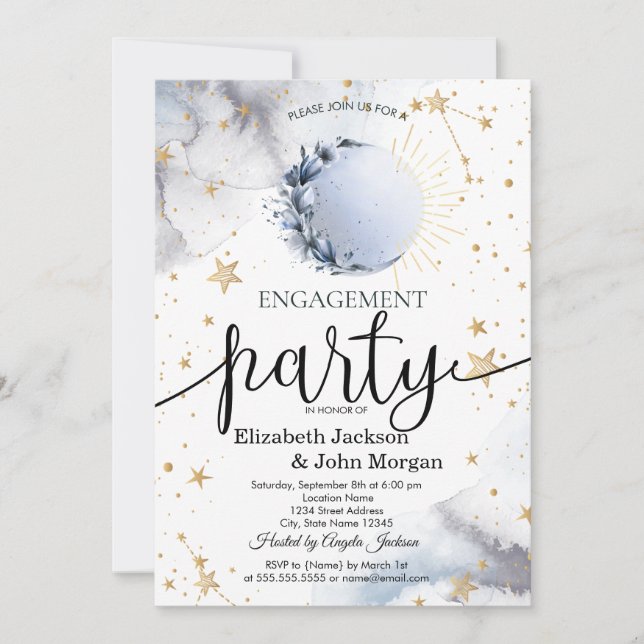 Convite Sol Celestial,Lua Azul,Noivado de Estrelas (Frente)