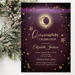 Convite Sol Celestial, Lua, Estrelas Burgundy Quinceanera
