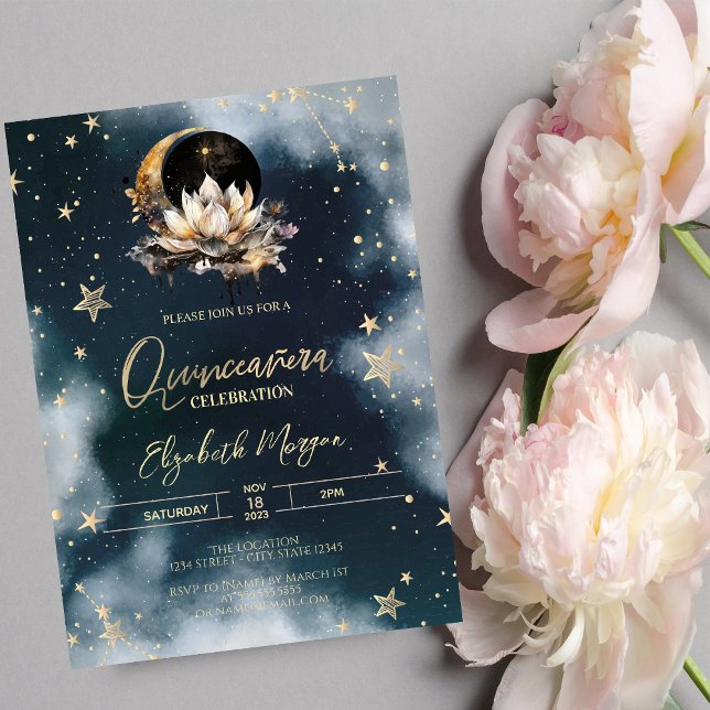 Convite Sol Celestial, Lua, Estrelas Lótus Céu Quinceanera (Criador carregado)