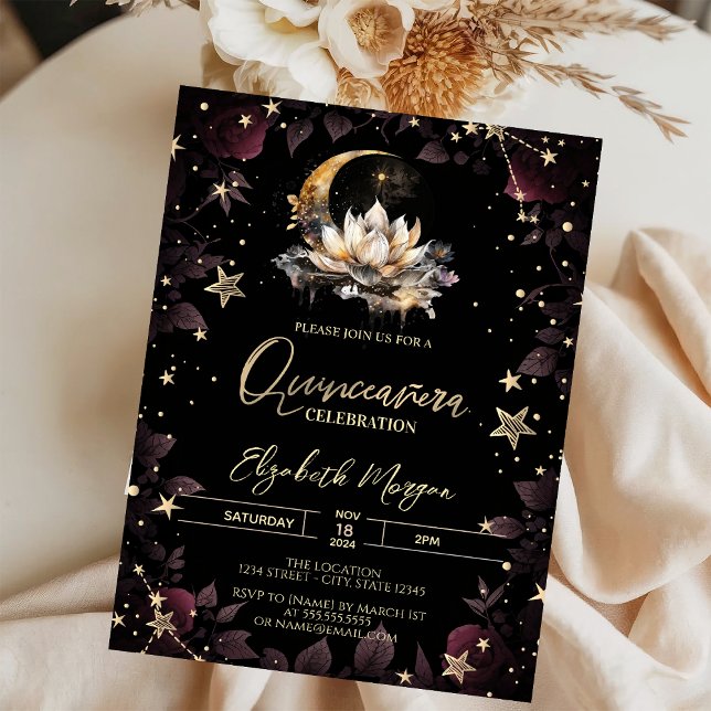 Convite Sol Celestial, Lua, Estrelas Rosas Quinceanera (Criador carregado)