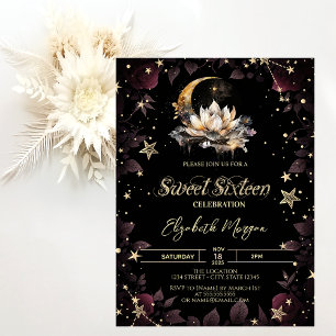Convite Sol Celestial, Lua, Estrelas Rosas Sweet 16