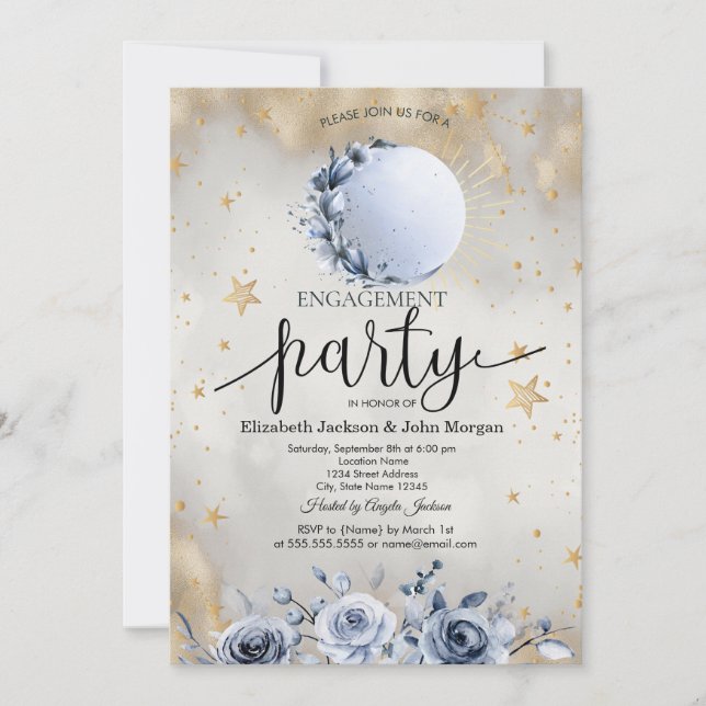 Convite Sol Celestial,Rosa Azul Lua  Estrelas Noivado (Frente)