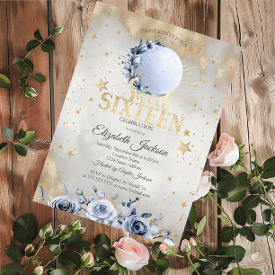 Convite Sol Celestial, Rosas da Lua Azul Estrelas Sweet 16