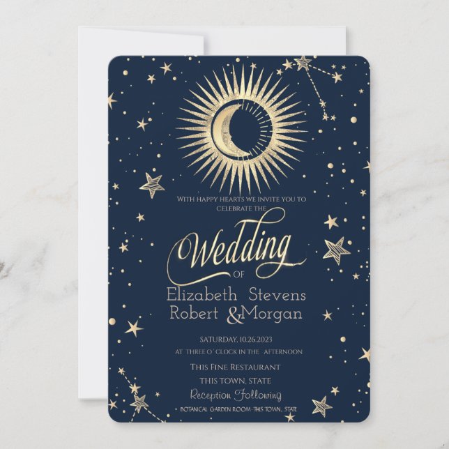 Convite Sol Dourado Celestial E Estrelas De Casamento Lua (Frente)