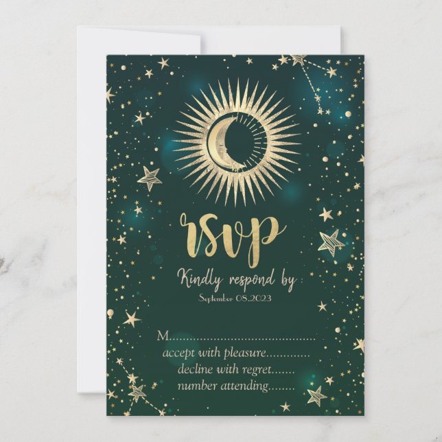 Convite Sol Dourado Celestial E Estrelas Lua Verde RSVP (Frente)