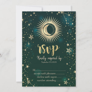 Convite Sol Dourado Celestial E Estrelas Lua Verde RSVP