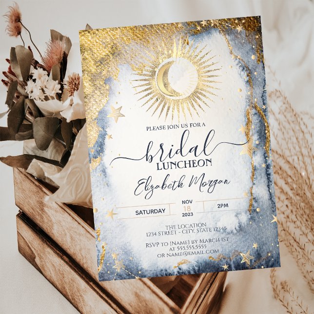 Convite Sol Dourado Celestial, Lua, Estrelas Aquarela Nupc (Criador carregado)
