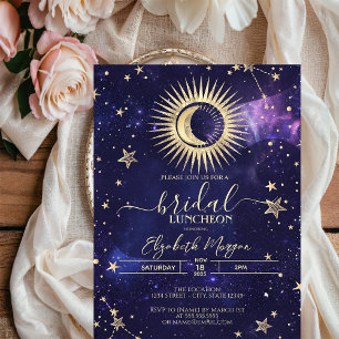 Convite Sol Dourado Celestial, Lua, Estrelas Aquarela Roxo