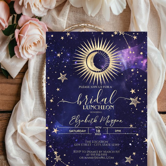 Convite Sol Dourado Celestial, Lua, Estrelas Aquarela Roxo (Criador carregado)