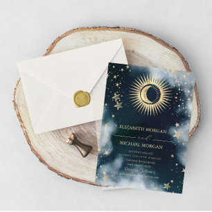 Convite Sol Dourado Celestial, Lua, Estrelas Céu Casamento
