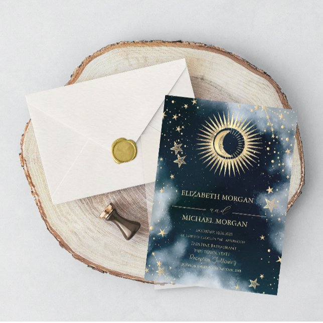 Convite Sol Dourado Celestial, Lua, Estrelas Céu Casamento (Criador carregado)