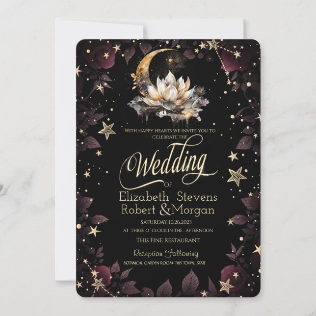 Convite Sol Dourado Celestial,Lua,Estrelas Rosas Céu Notur (Frente)