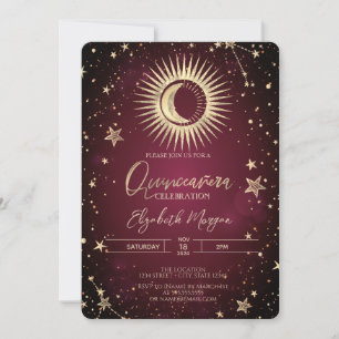 Convite Sol Dourado Celestial Lua Stars Red Quinceanera