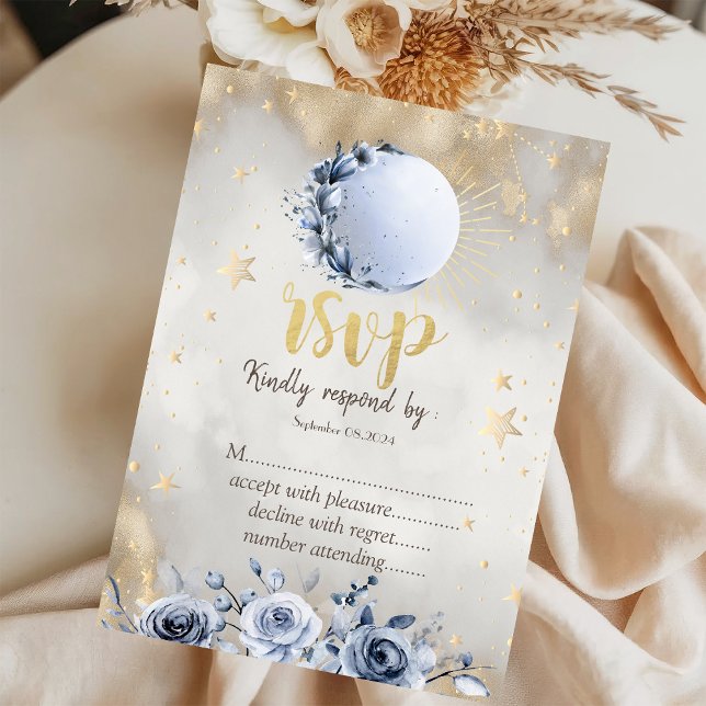 Convite Sol Dourado Celestial, Rosas da Lua Estrelas RSVP (Criador carregado)