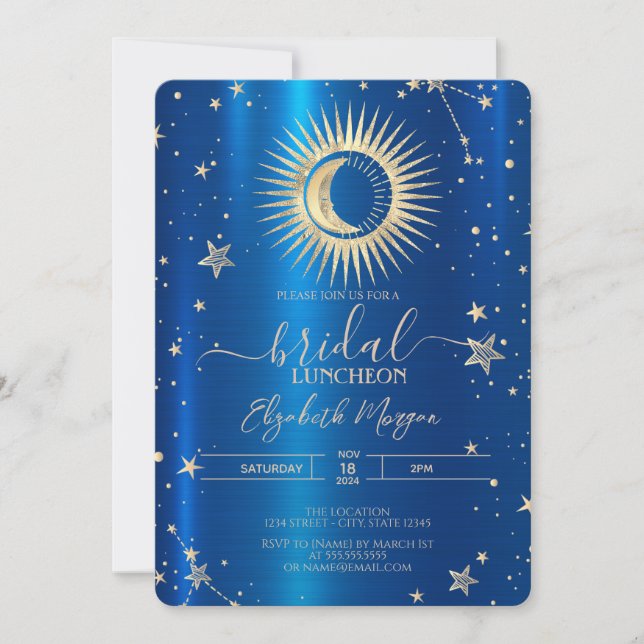 Convite Sol Dourado E Estrelas Da Lua Azul Metálico Almoço (Frente)