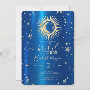 Convite Sol Dourado E Estrelas Da Lua Azul Metálico Almoço