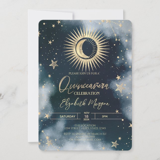 Convite Sol Dourado, Lua, Estrelas Céu Noturno Quinceanera (Frente)