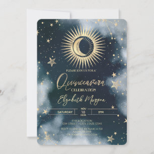 Convite Sol Dourado, Lua, Estrelas Céu Noturno Quinceanera