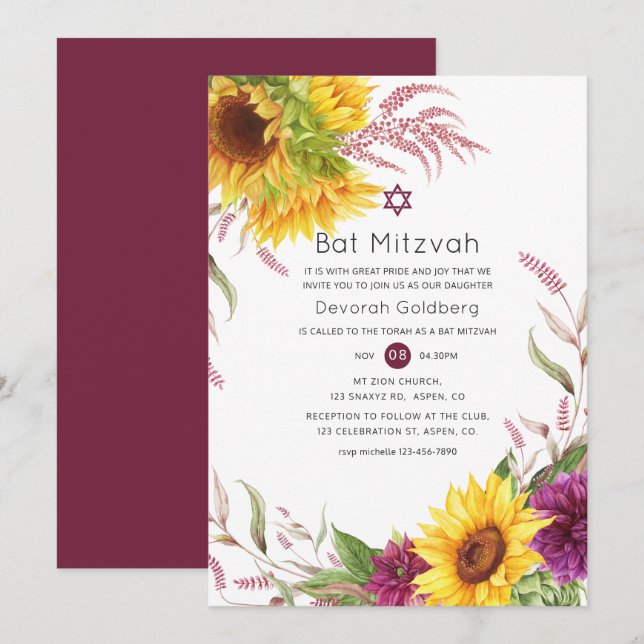 Convite Sol e Ameixa Borgonha Floral Bat Mitzvah (Frente/Verso)