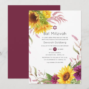 Convite Sol e Ameixa Borgonha Floral Bat Mitzvah
