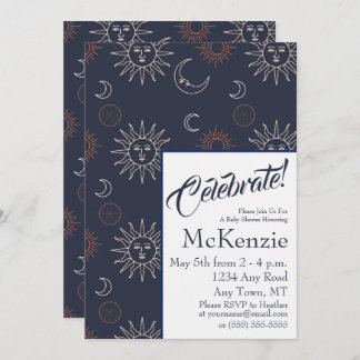 Convite Sol elegante e Lua no Chá de fraldas azul celeste