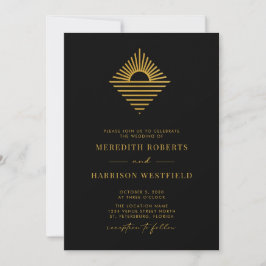 Convite Sol Oceano Código QR RSVP Dourado em Preto Casamen
