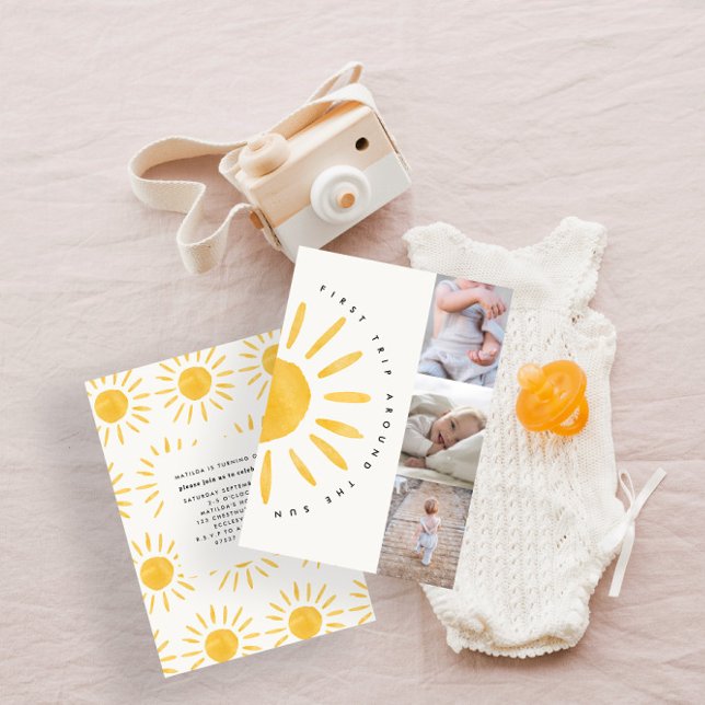 Convite sol primeiro aniversario aquarela sol foto multi-s (Criador carregado)