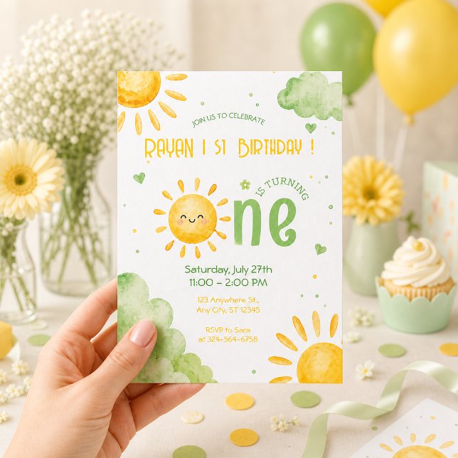 Convite Sol Primeiro Aniversário Bebê Menino Verde Boho (Criador carregado)