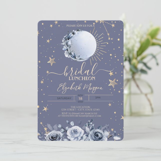 Convite Sol, Rosas de Lua Azul Pastel para Almoço de Noiva (Em pé/Frente)