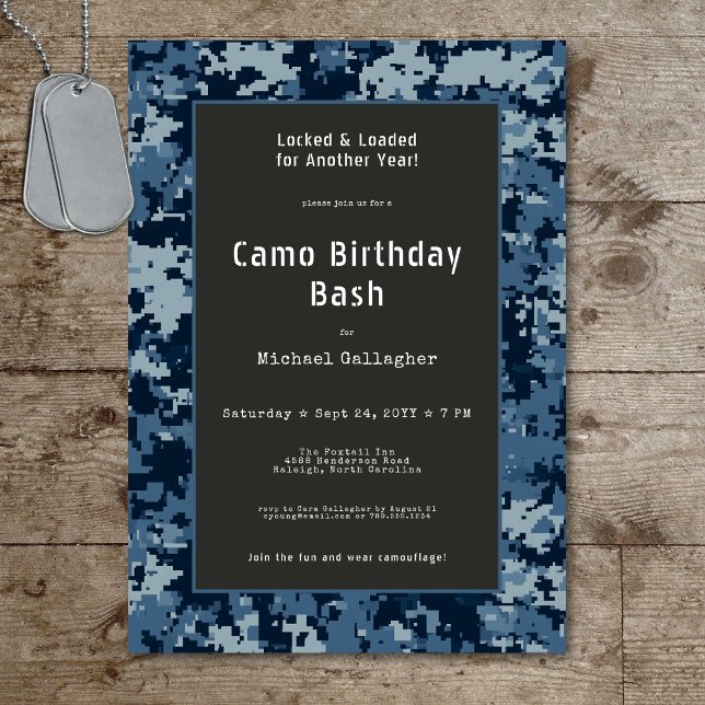 Convite Soldado Militar Camuflagem Azul Aniversário (Military Soldier Blue Camouflage Birthday Invitation)