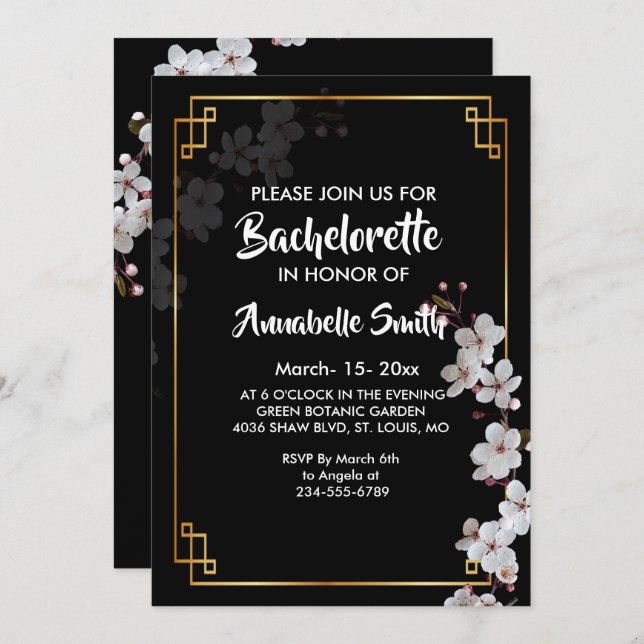 Convite solteiro de quadros do ouro e do brilho branco (Frente/Verso)