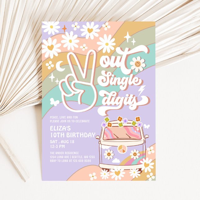 Convite Solteiro Dígito Púrpura de Paz Groovy 10º Aniversá (Criador carregado)