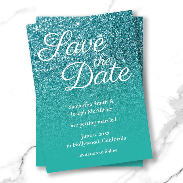 Convite Sombra de Turquesa Verde com Brilho Salve a Data (Teal Turquoise Ombre Glitter Save the Date Invitation)