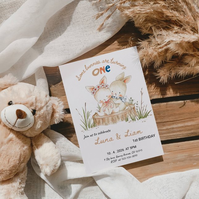 Convite Some Bunnies Are Turning ONE Twins 1st Birthday  (Criador carregado)