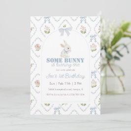 Convite Some Bunny Blue Floral Stripe 1st Birthday