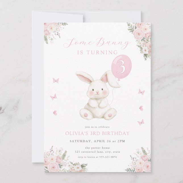 Convite Some Bunny Floral Girl Pink Bunny Birthday (Frente)