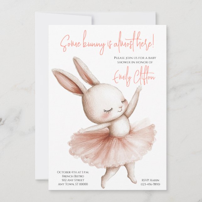 Convite Some Bunny Is Almost Here Ballerina Baby Shower (Frente)